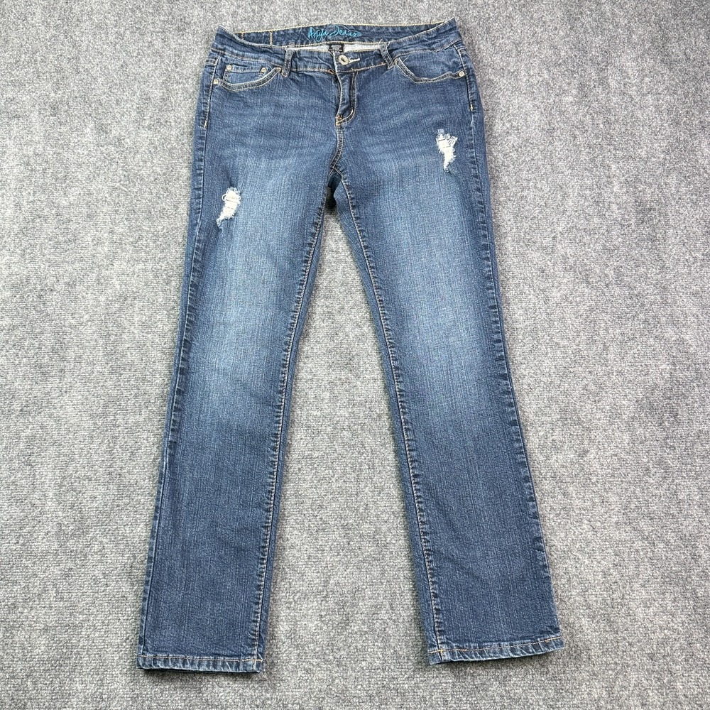 Ariya Womens Bootcut Jeans 13/14 Blue Distressed Stretch Y2K Western Embroidered